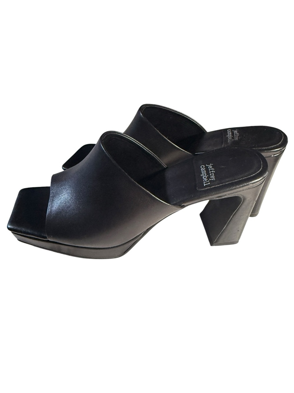 Jeffrey Campbell Dress Code Square Toe Block Heel Mules Sz 8 Chunky Leather Blck